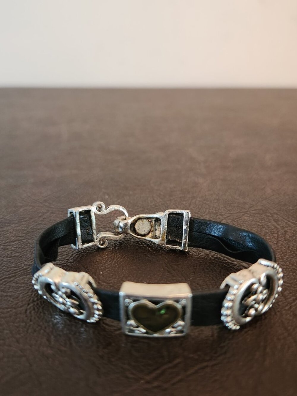 Black Leather Silver Tone SW Concho Slides Magnetic Closure Bracelet